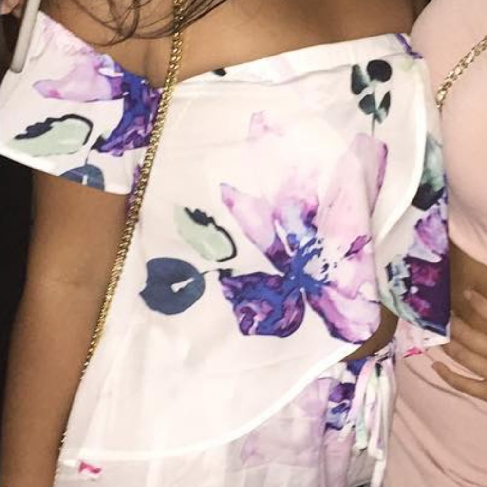 Two piece floral chiffon top and shorts set